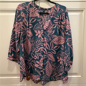 NYDJ Pink and Teal Leaf Print Blouse
